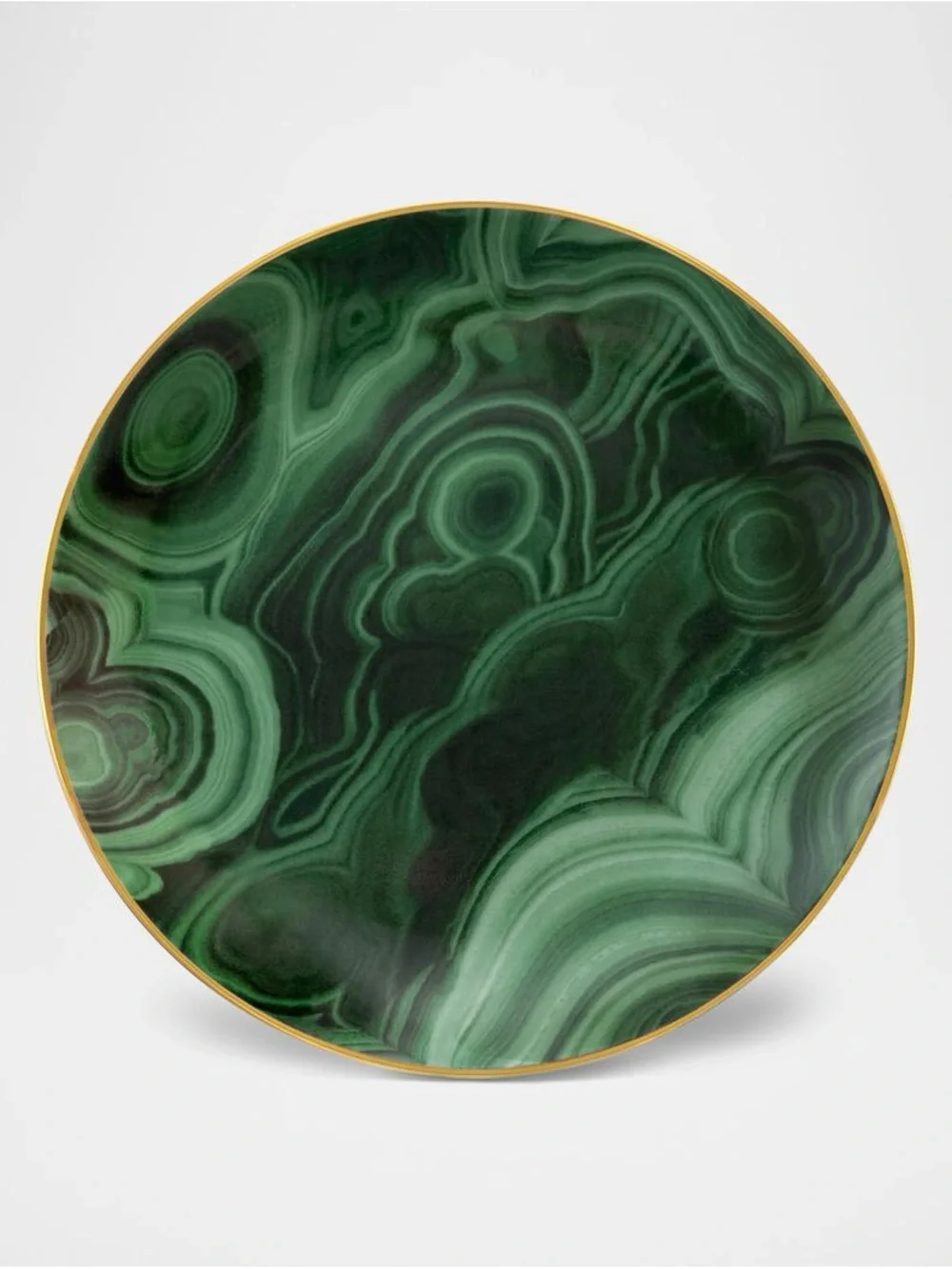 L'Objet Canapés Plates Green Malachite-Pattern Plate Gold Trim. Set of 4  NWOT